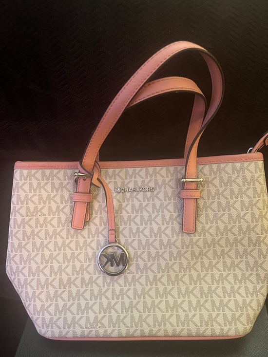 Michael Kors Handbags - Michael Kors Beige MK Logo Tote with Pink Trim